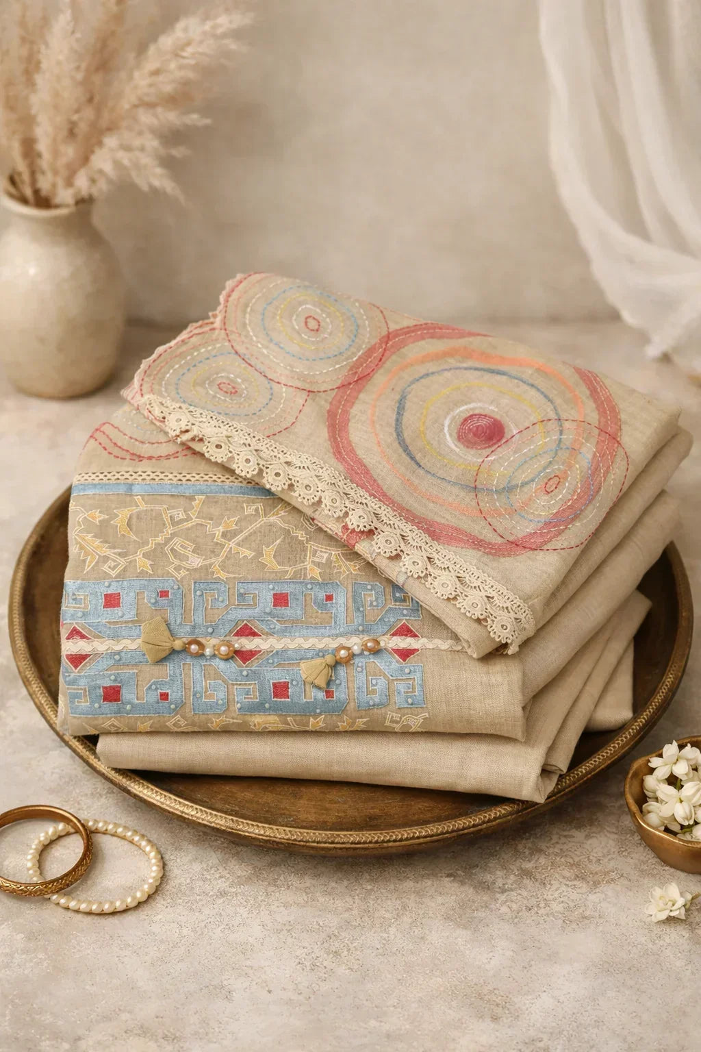 Beige ethnic wear fabric with colorful embroidery and lace, styled with bangles and flowers.