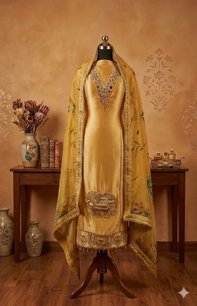 Yellow Banarasi Anarkali suit with embroidered dupatta and elephant motif, displayed indoors