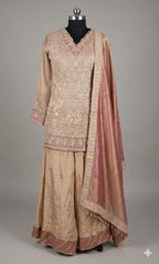 Embroidered beige ethnic suit with palazzo pants and dupatta, displayed on mannequin