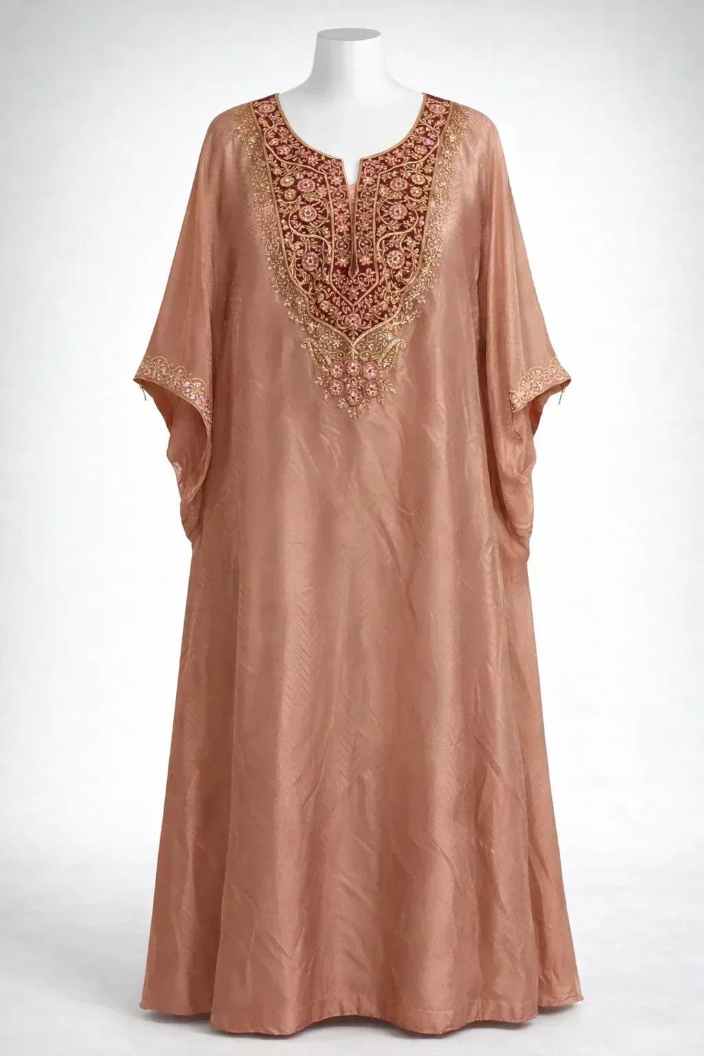 Peach ethnic kaftan with gold and maroon embroidery, luxury Indian festive wear