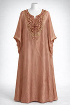 Peach ethnic kaftan with gold and maroon embroidery, luxury Indian festive wear