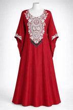 Red ethnic Anarkali gown with intricate white floral embroidery and beaded detailing