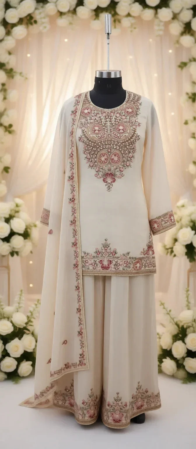 Ivory ethnic suit with pink floral embroidery and matching dupatta, ideal for weddings