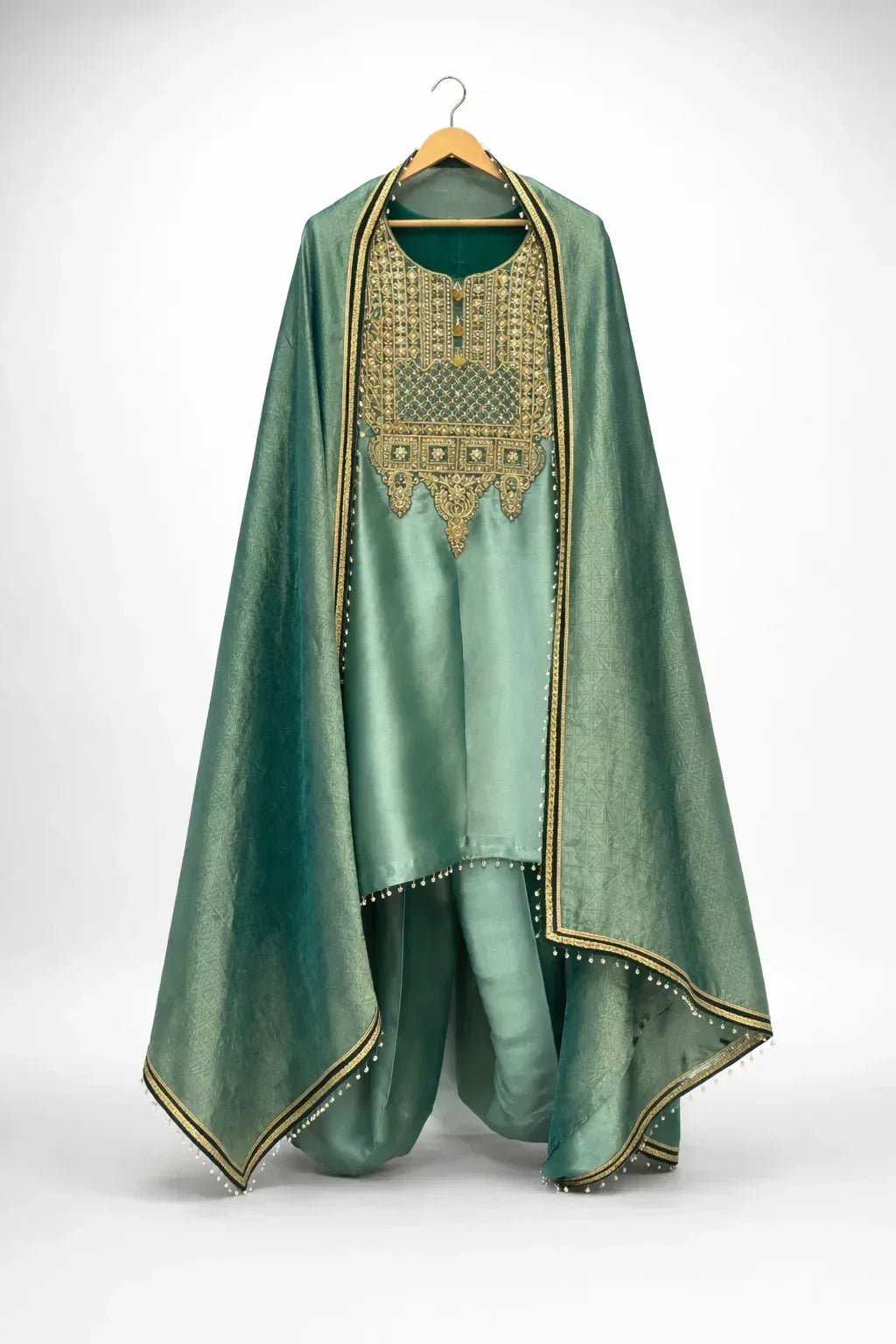 Green Banarasi Anarkali suit with gold embroidery and dupatta, perfect for weddings
