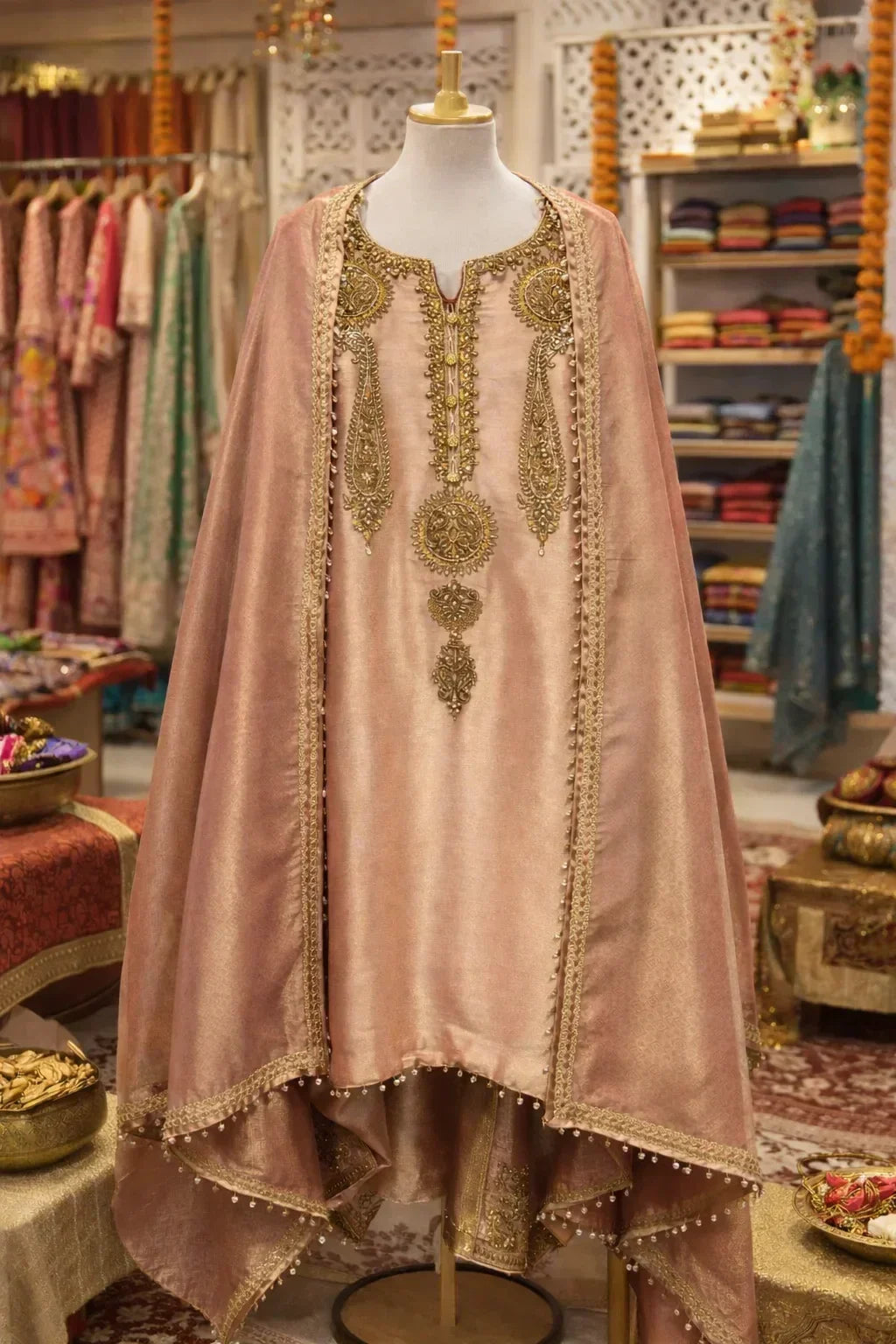 Embroidered blush pink Anarkali suit with gold detailing displayed in an ethnic wear boutique