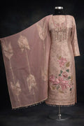 Blush pink embroidered ethnic suit with floral detailing and matching dupatta on mannequin