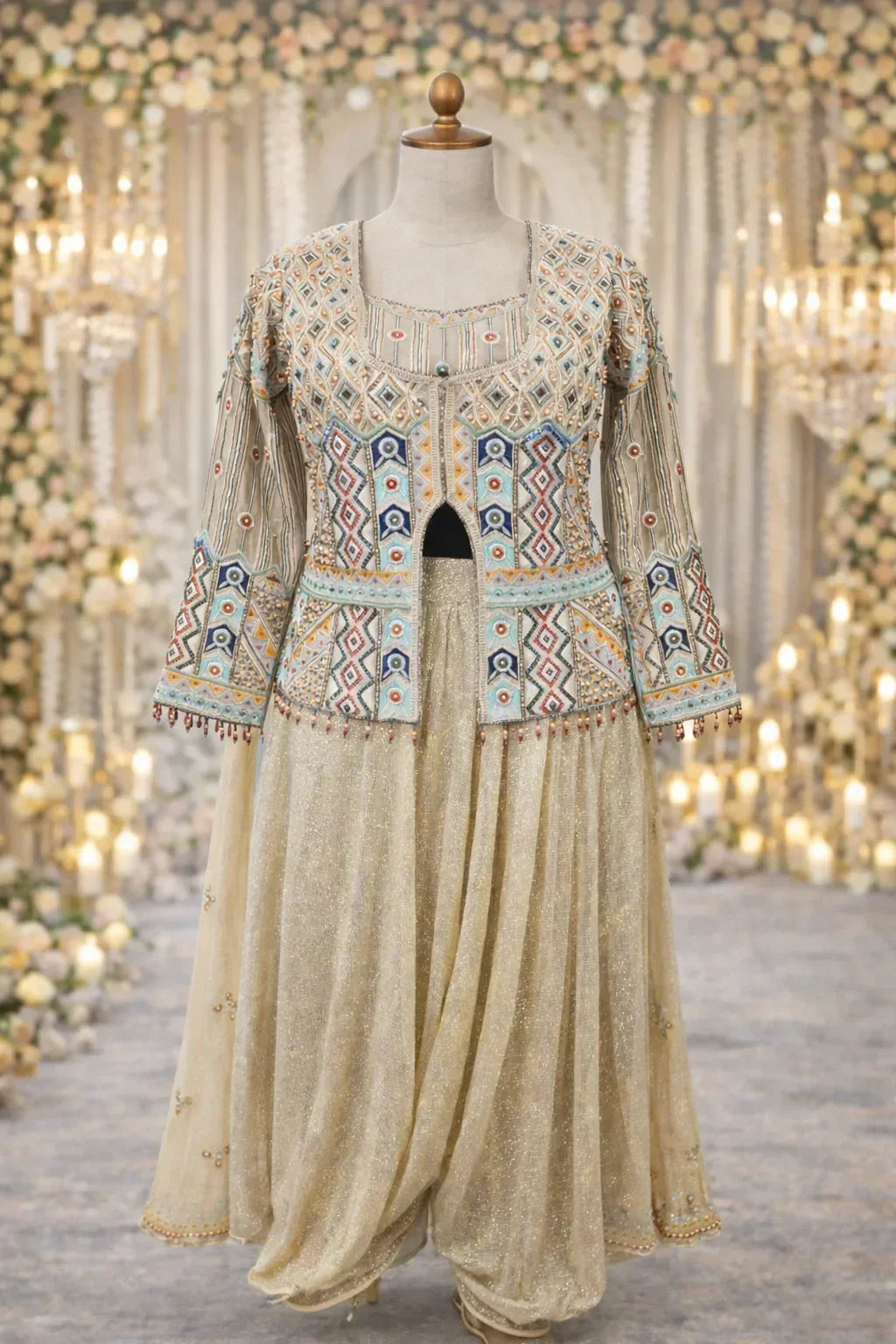 Embroidered Banarasi jacket with gold dhoti pants, displayed on mannequin in festive setting