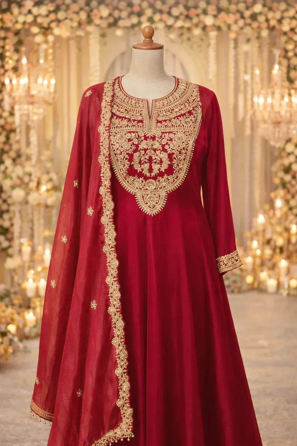 Red Banarasi Anarkali suit with gold embroidery and dupatta, displayed on mannequin, wedding décor background