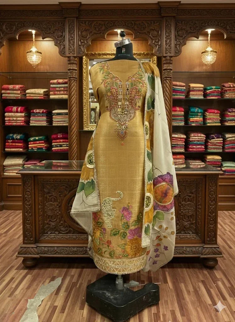 Gold embroidered ethnic suit with floral dupatta on mannequin in luxury boutique setting