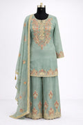 Sage green embroidered ethnic three-piece suit with dupatta for women, displayed on mannequin