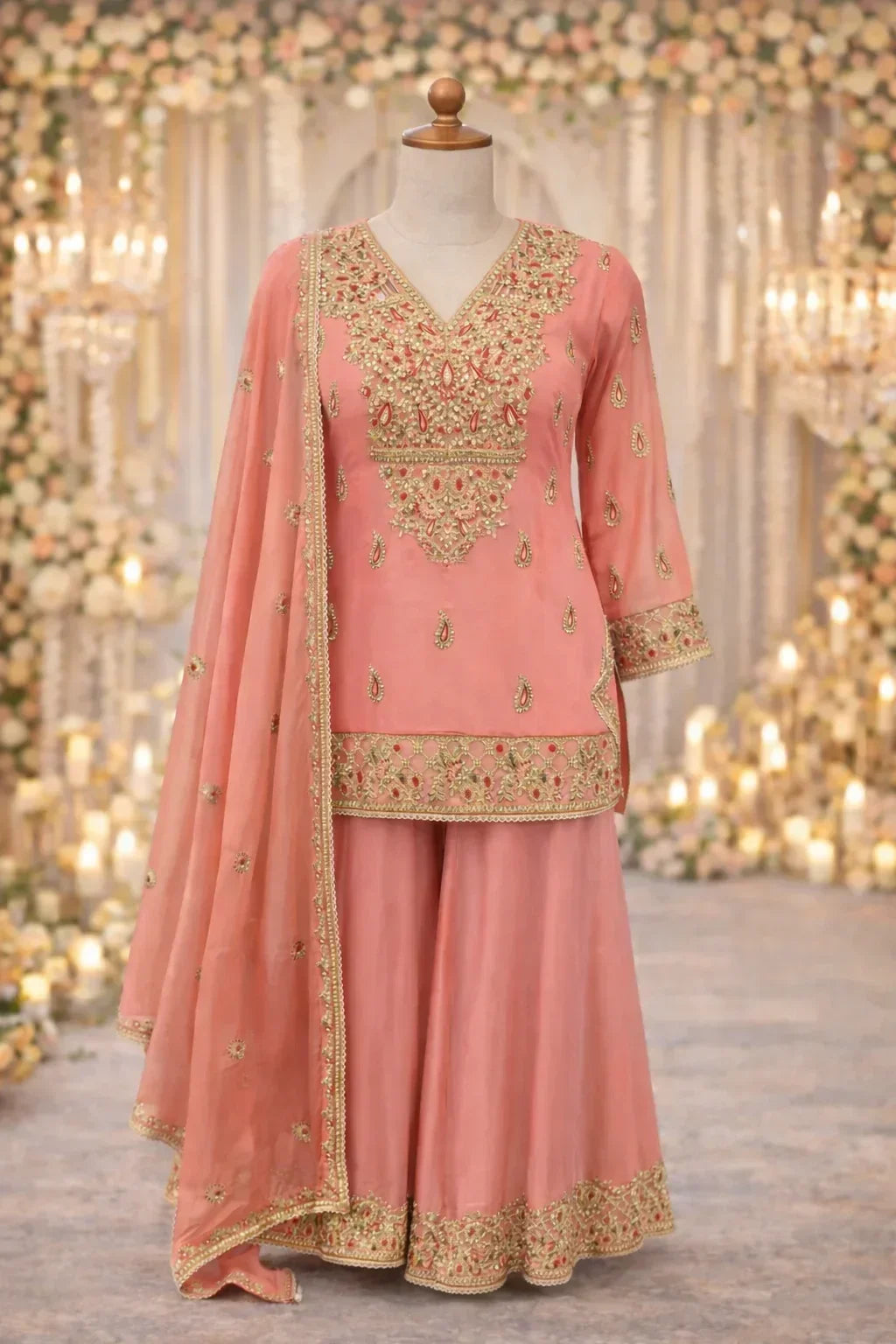 Peach pink Banarasi Anarkali suit with gold embroidery, dupatta, and palazzo pants for weddings
