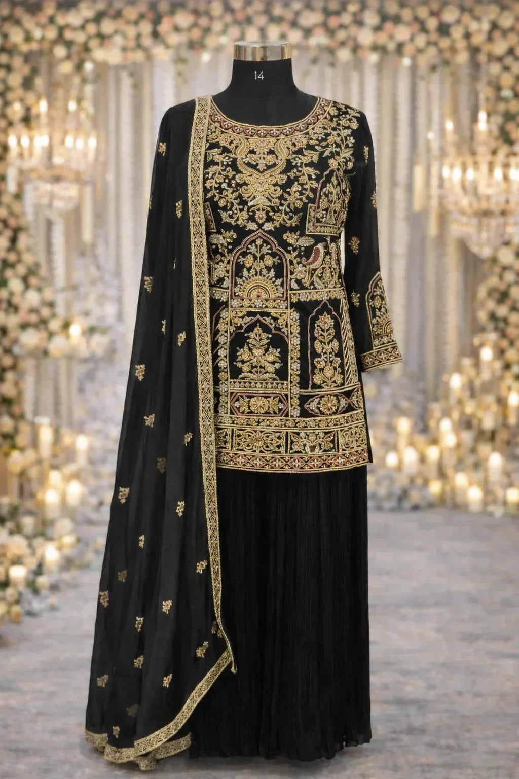 Black Banarasi Anarkali suit with gold embroidery and dupatta, ideal for weddings