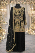 Black Banarasi Anarkali suit with gold embroidery and dupatta, ideal for weddings