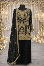 Black Banarasi Anarkali suit with gold embroidery and dupatta, ideal for weddings
