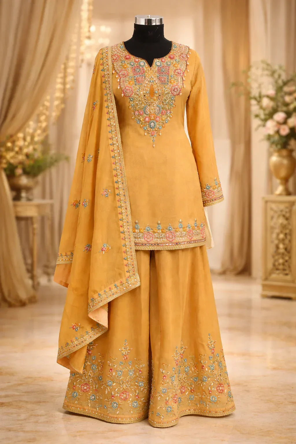 Mustard yellow embroidered ethnic suit with palazzo pants and dupatta, floral detailing