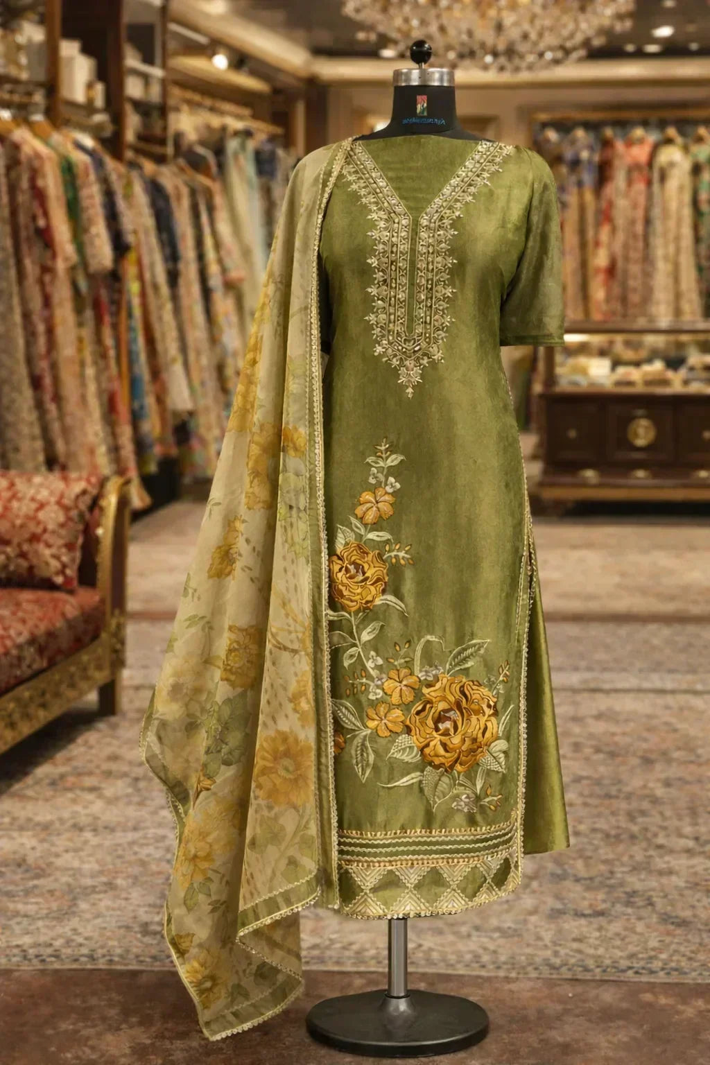 Olive green embroidered Anarkali suit with floral dupatta displayed in luxury ethnic wear store