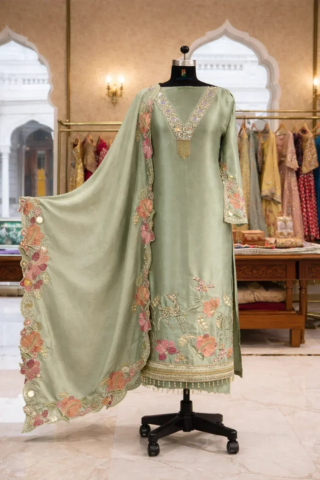 Sage green ethnic Anarkali suit with floral embroidery and dupatta, displayed on mannequin