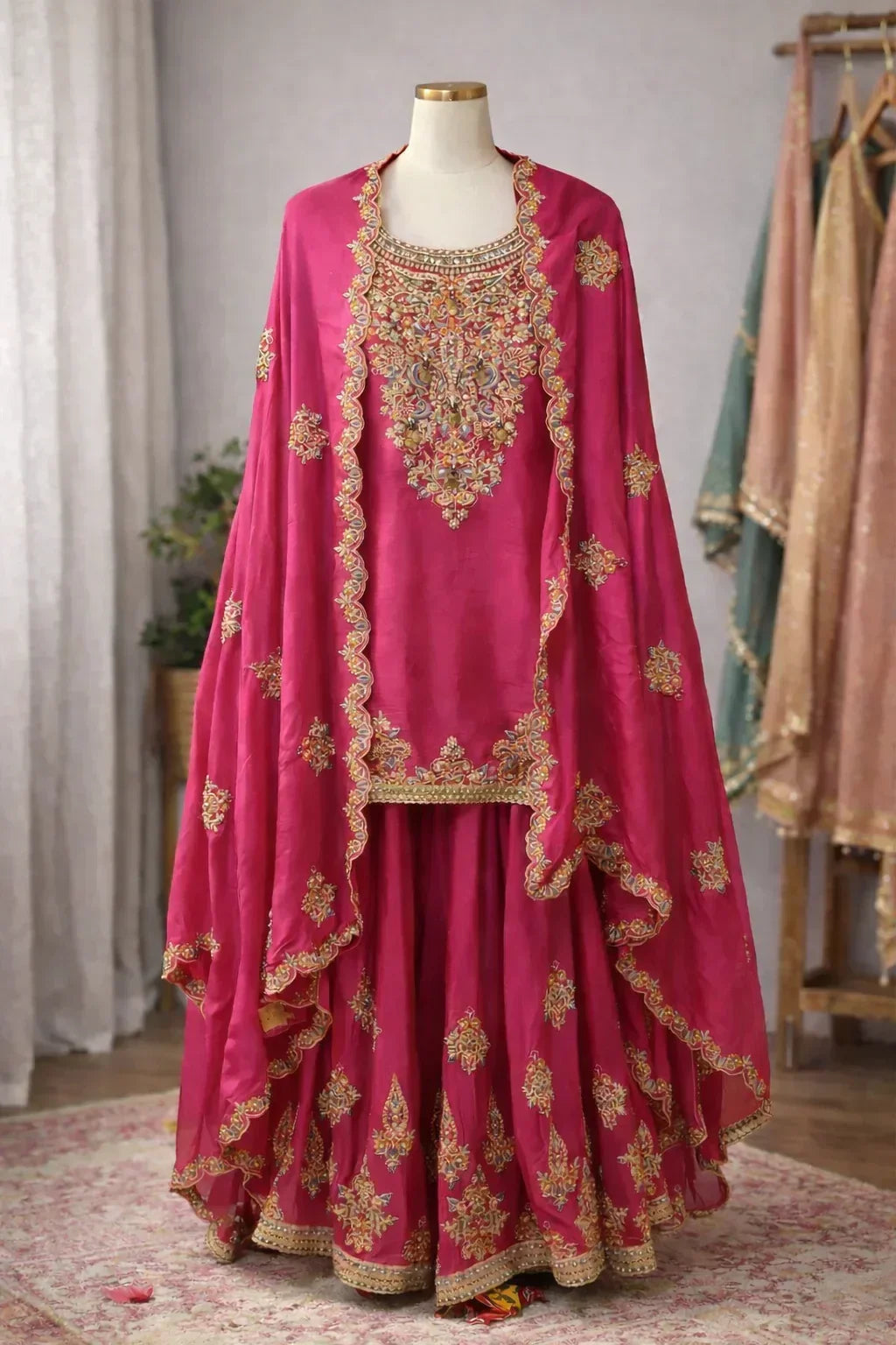 Magenta Banarasi Anarkali suit with gold embroidery and dupatta on mannequin