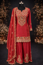 Red Banarasi Anarkali suit with gold embroidery and dupatta, festive wear fashion