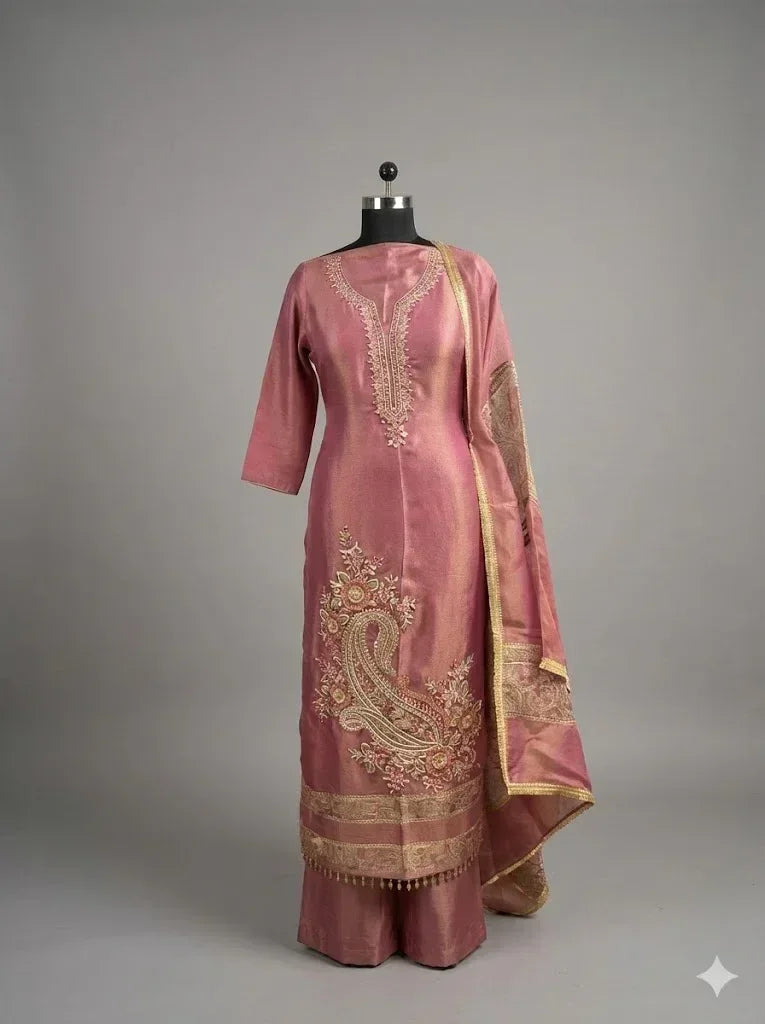 Pink Banarasi Anarkali suit with gold embroidery and dupatta on mannequin