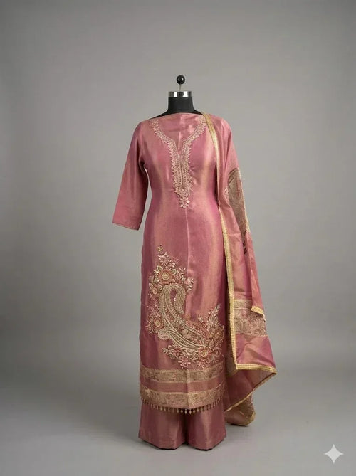 Pink Banarasi Anarkali suit with gold embroidery and dupatta on mannequin