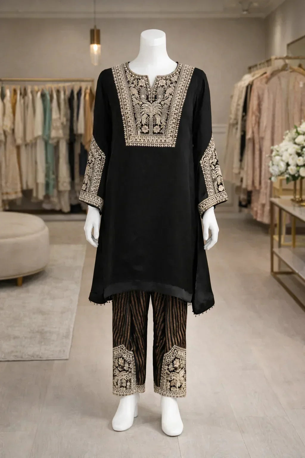 Black embroidered kurta set with gold ethnic motifs displayed on mannequin in boutique