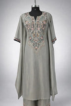 Grey ethnic kurta set with intricate floral embroidery, suitable for weddings and festive occasions