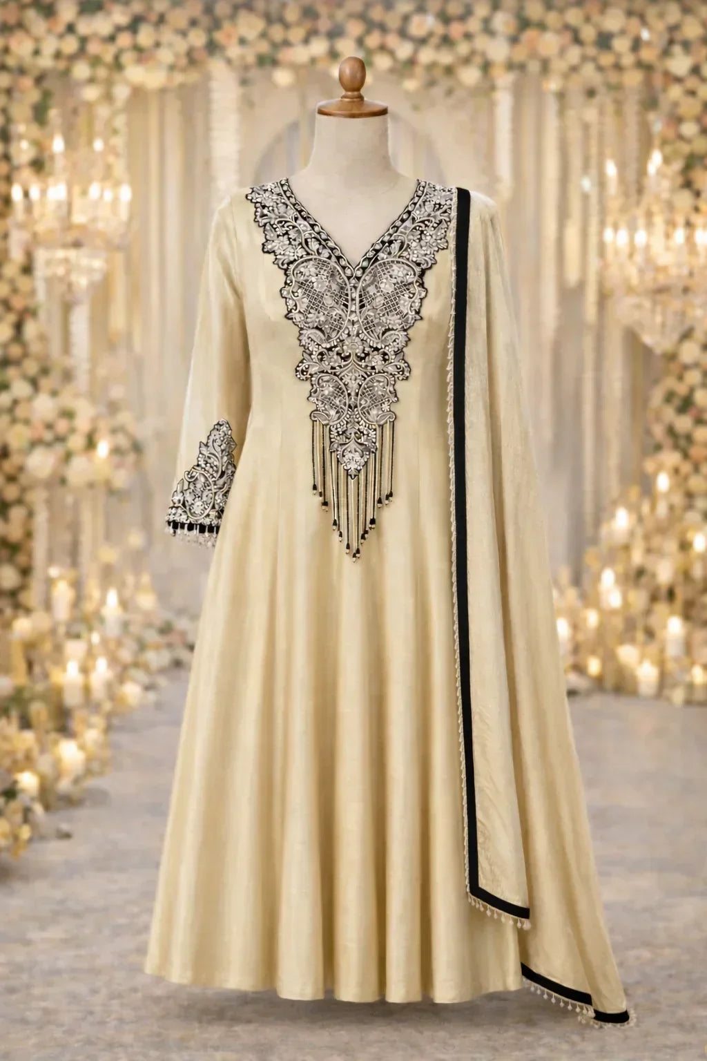 Beige Anarkali suit with black and silver embroidery, V-neck, and dupatta, set in a festive background