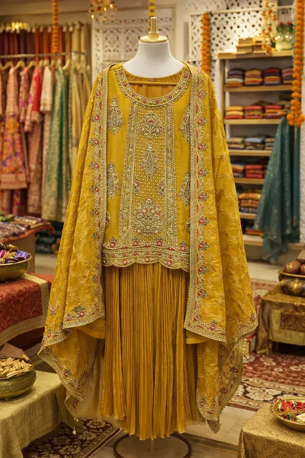 Yellow Banarasi Anarkali suit with embroidered dupatta and pleated skirt on mannequin in boutique