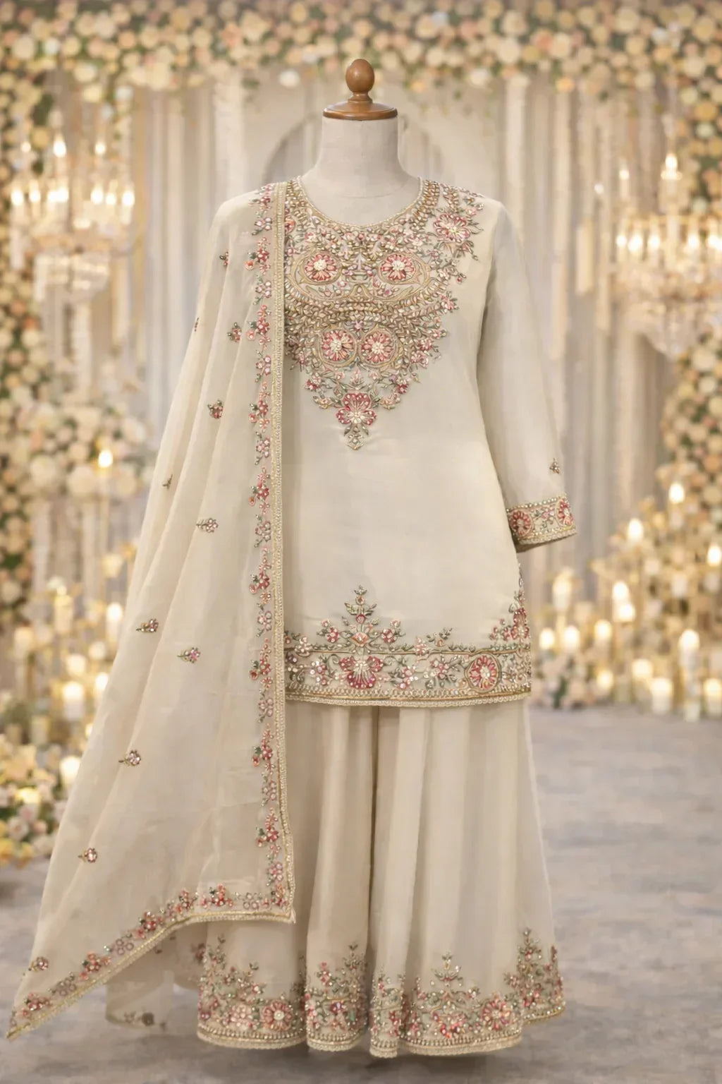 Ivory ethnic suit with floral embroidery, dupatta and sharara set for weddings