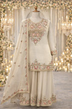 Ivory ethnic suit with floral embroidery, dupatta and sharara set for weddings