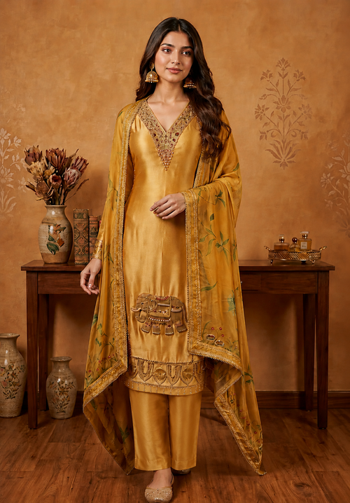Banarasi Russian Tissue Suit with Mirror Work & Hand-Brushed Dupatta