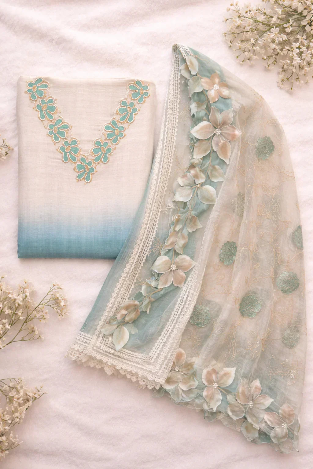 Pastel blue and white ethnic suit fabric with floral embroidery and embroidered dupatta, flatlay style