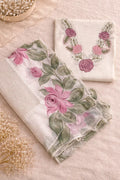 Floral organza fabric with pink and purple embroidered flowers, traditional ethnic wear set