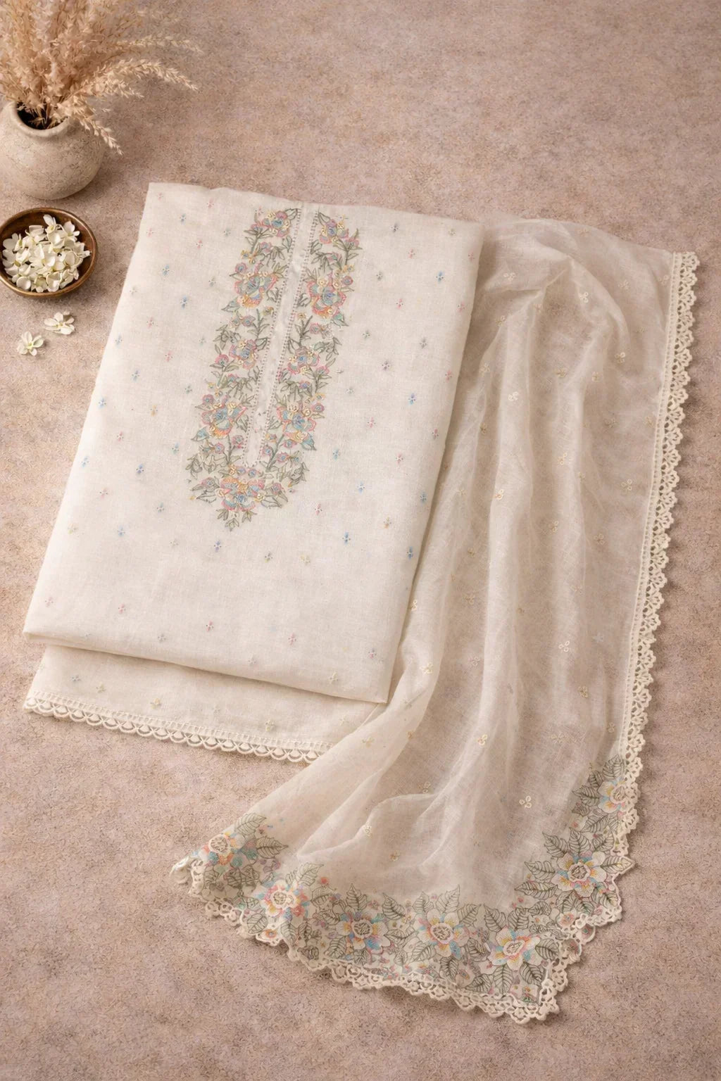 Ivory ethnic kurta and dupatta set with pastel floral embroidery and lace border