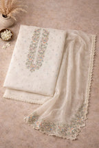 Ivory ethnic kurta and dupatta set with pastel floral embroidery and lace border