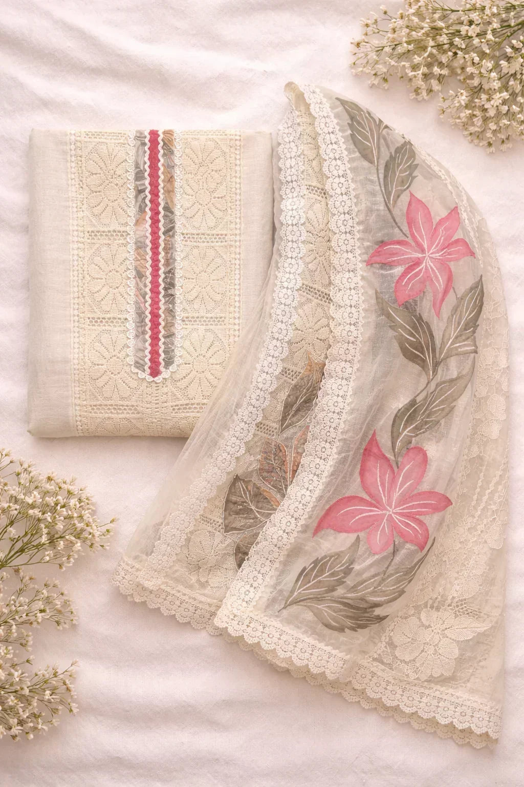 Ivory ethnic suit set with floral embroidery and lace, featuring pink flower dupatta