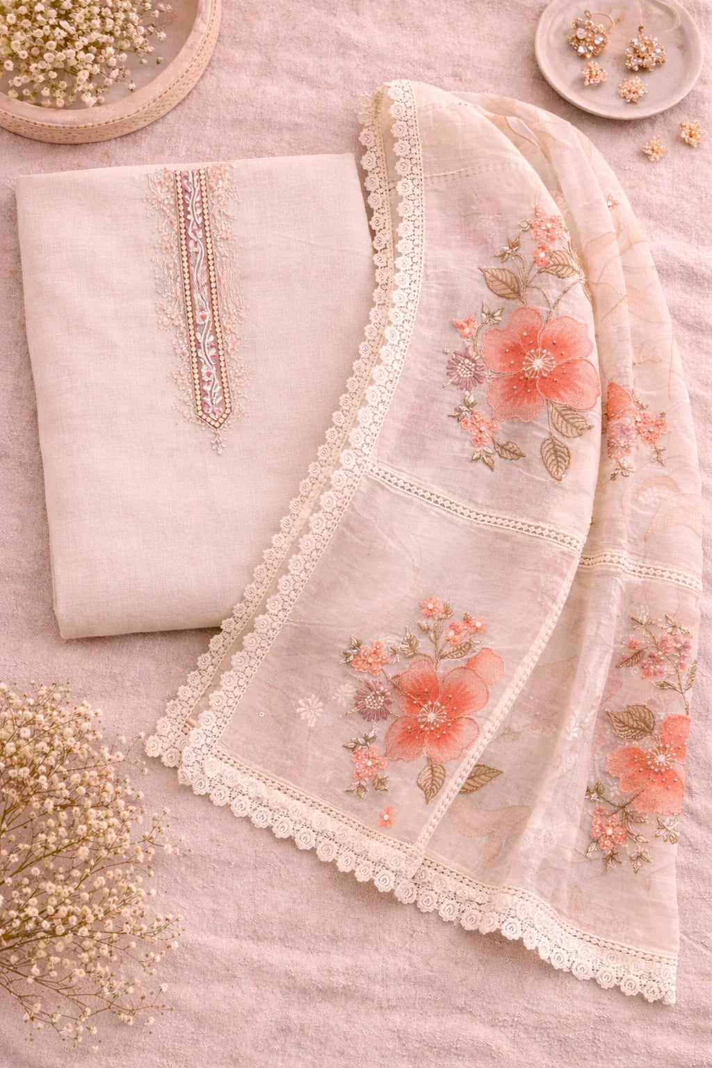 Beige embroidered ethnic suit fabric with floral dupatta and statement jewelry, flatlay