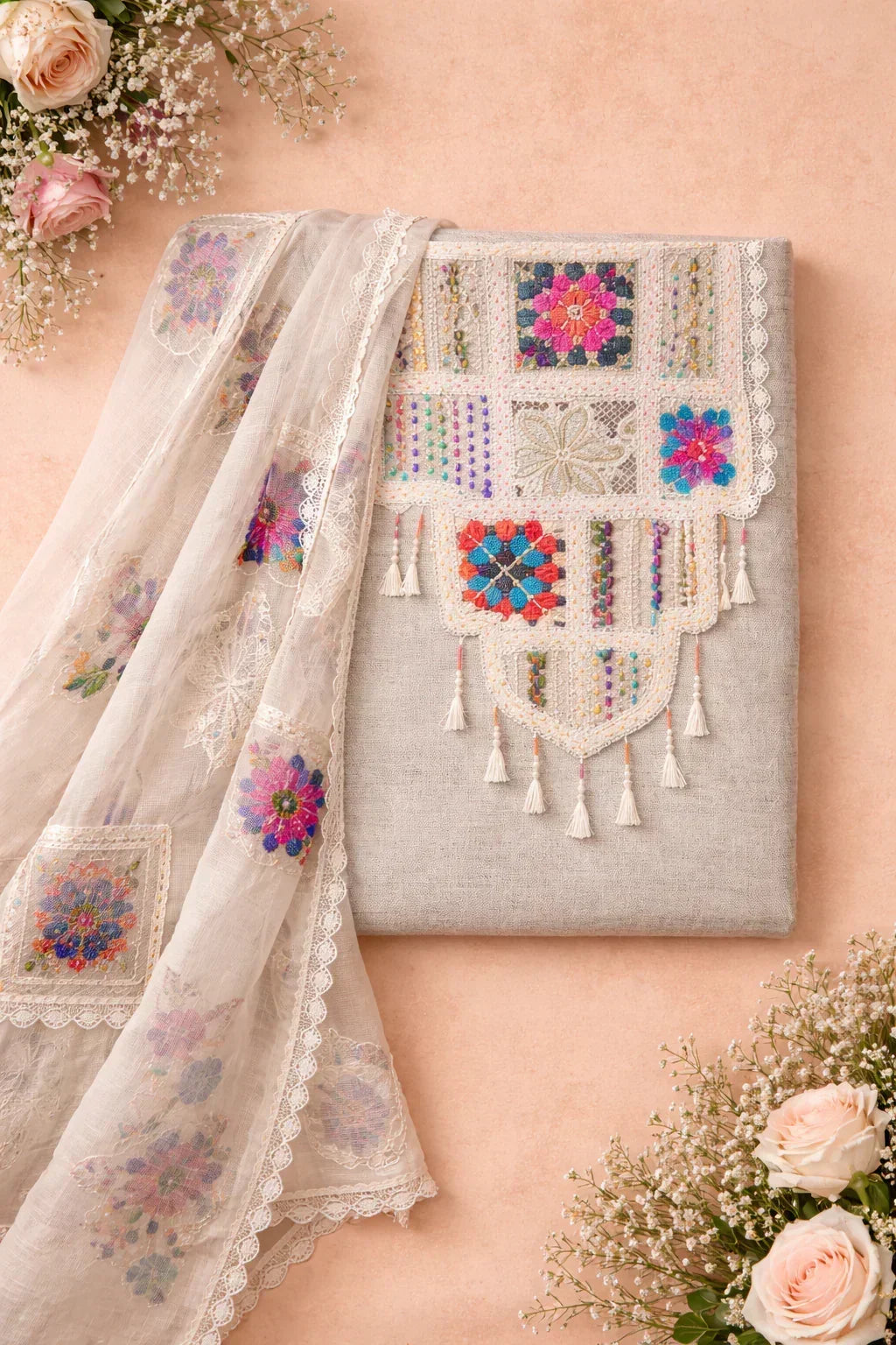 Embroidered ethnic suit fabric with colorful floral motifs and tassels, flatlay with roses