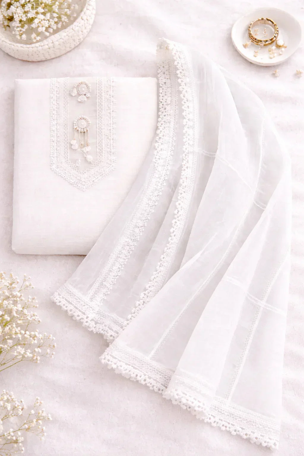 Flatlay of elegant white ethnic suit fabric with lace dupatta, pearls and gold bangles