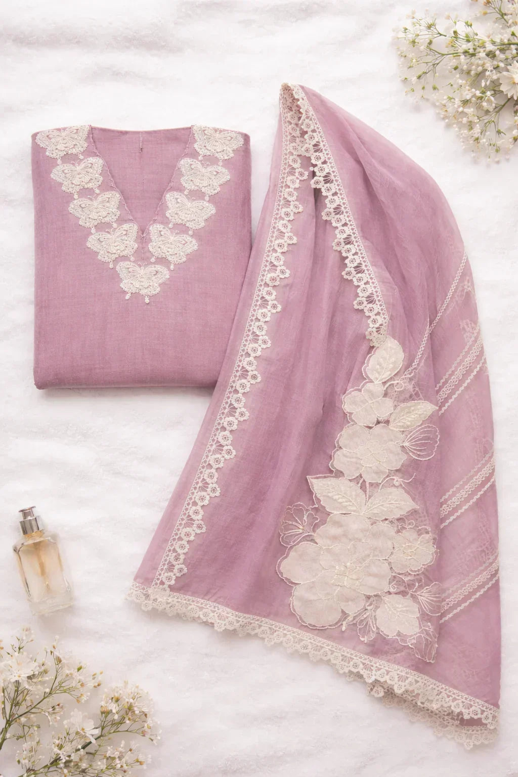 Lavender ethnic suit set with white floral embroidery and lace detailing, flat lay