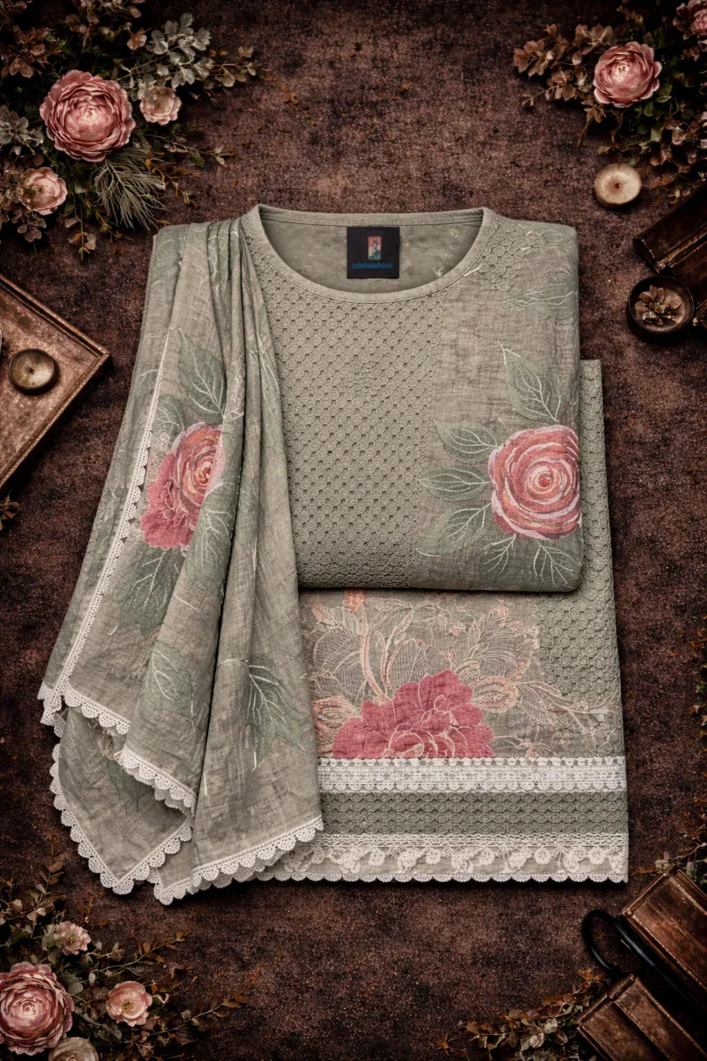 Folded pastel green ethnic suit set with pink floral embroidery and lace border, displayed flat.