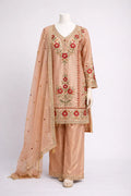 Peach embroidered ethnic suit set with floral motifs, pants, and matching dupatta