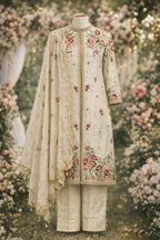 Ivory Banarasi three-piece suit with floral embroidery, dupatta, and straight pants, displayed in a floral outdoor setting.