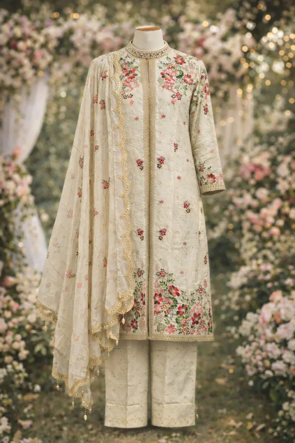 Ivory Banarasi three-piece suit with floral embroidery, dupatta, and straight pants, displayed in a floral outdoor setting.