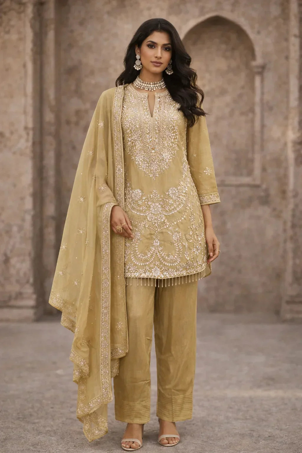 Woman wearing gold embroidered ethnic suit set with matching dupatta and statement jewelry