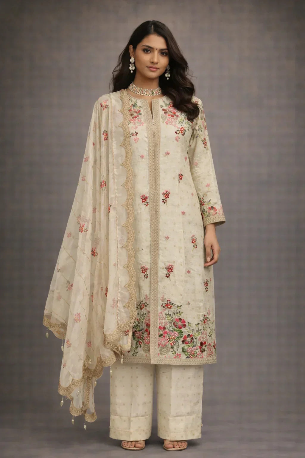 Woman wearing cream floral Banarasi Anarkali suit with dupatta and wide-leg pants