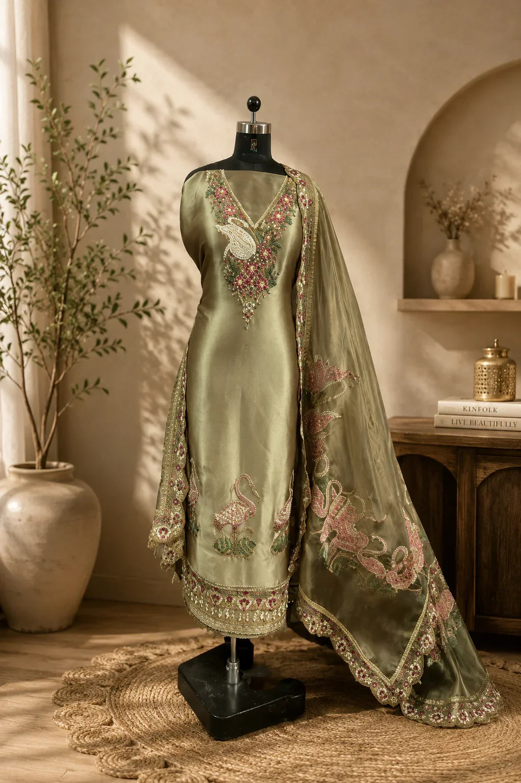 Banarasi Tissue Suit with Mirror Embroidery, Burberry Dupatta & Upada Bottom