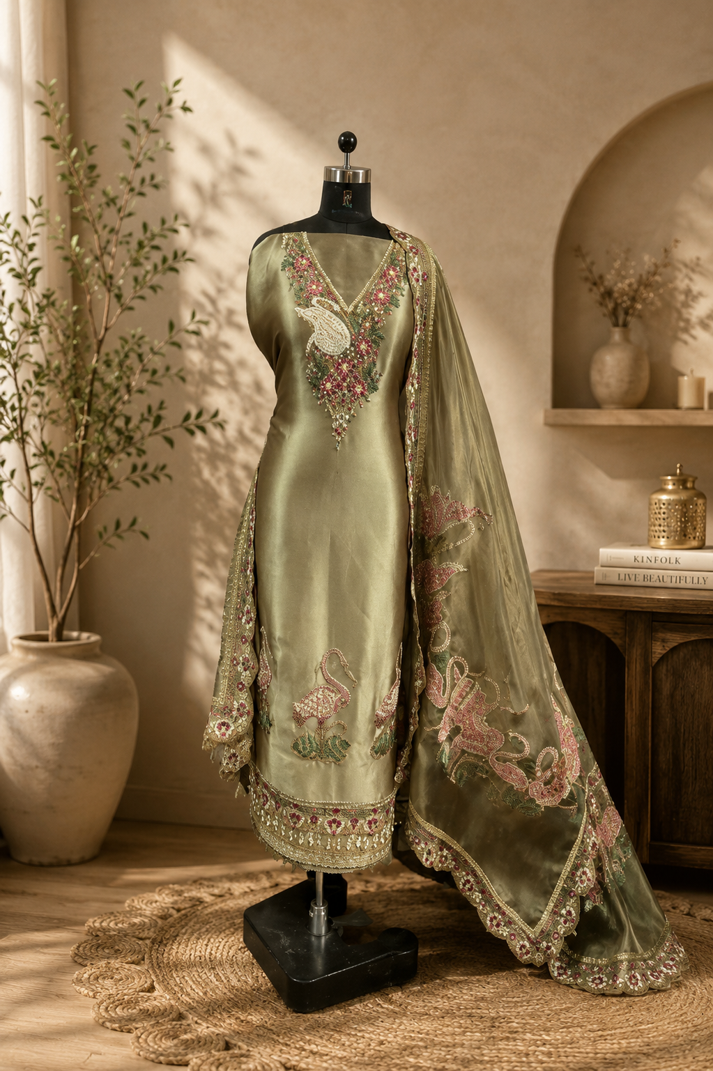 Banarasi Tissue Suit with Mirror Embroidery, Burberry Dupatta & Upada Bottom