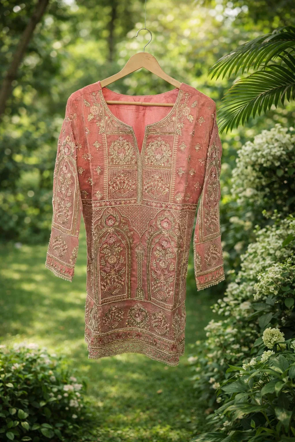 Pink embroidered ethnic kurta with gold thread work, displayed outdoors on a hanger.